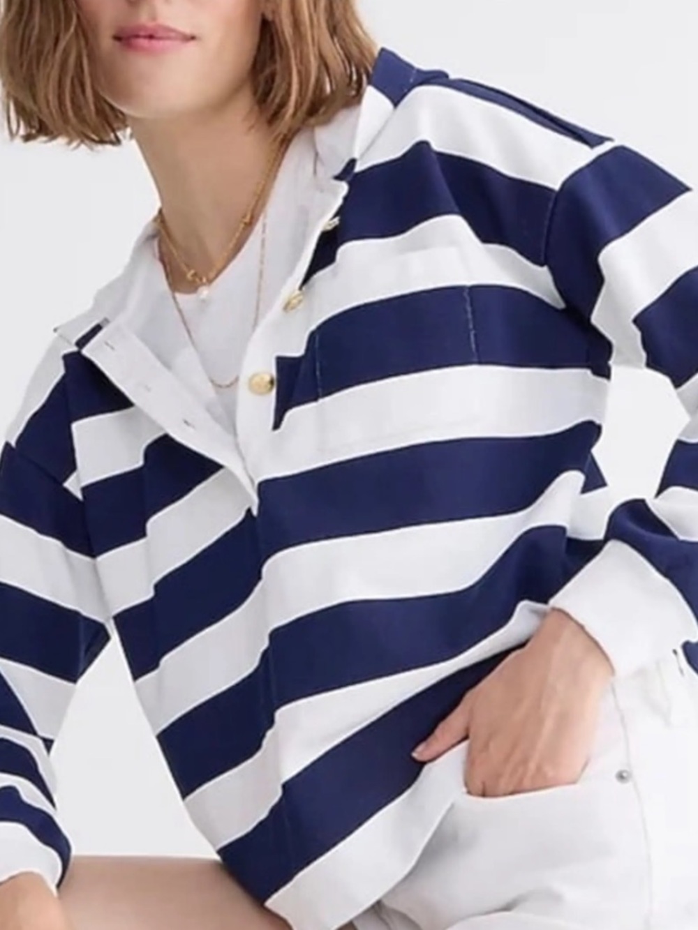 J.Crew Medium University Terry Striped Hoodie Navy White Nautical Coastal